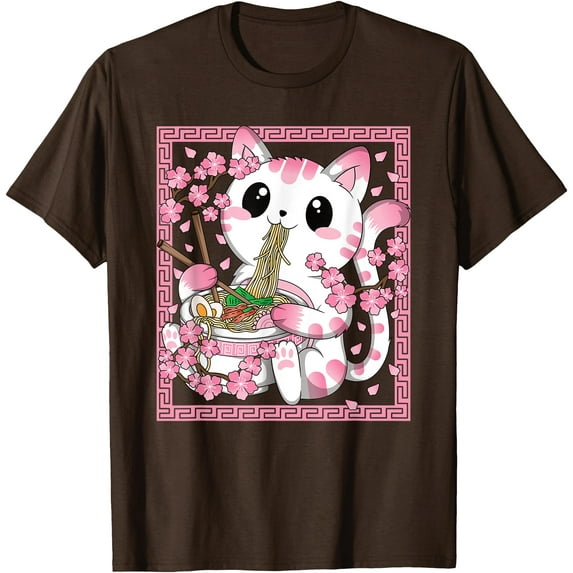Pink Kawaii Cat Ramen Noodles Anime Japanese Cherry Blossom Unisex T-Shirt for Men Women Kids Toddler,Dark Chocolate Color,Size M