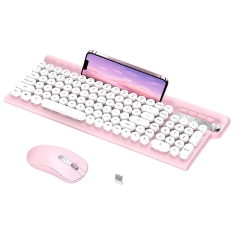 Wireless Keyboard and Mouse Combo, RaceGT Silent Keyboard Mouse Set, Retro Cute Typewriter Keyboard with Phone Tablet Holder, Round Keycaps, 2.4G Mouse Compatible with PC/Laptop/Computer(Pink)