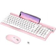 Pink Keyboard and Mouse Combo, RaceGT USB Wireless Typewriter Keyboard with Phone Holder, 102 Keys Full-size Cute Keyboard Mouse Set, Round Keycaps, Phone-Groove Design, 2.4G Silent Comfortable Mouse