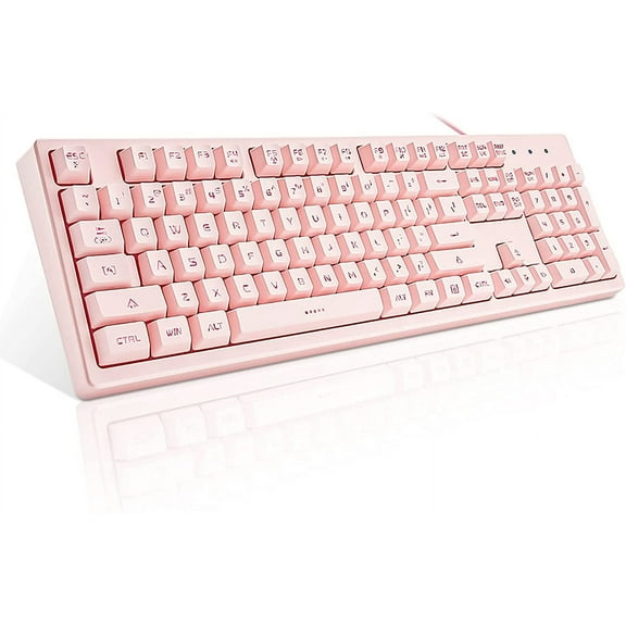 Pink Keyboard with 7-Colors LED Backlit 104 Keys Silent Creamy Keyboards Double Shot Keycaps Light Up Keyboard Wired USB for Computer Mac Laptop