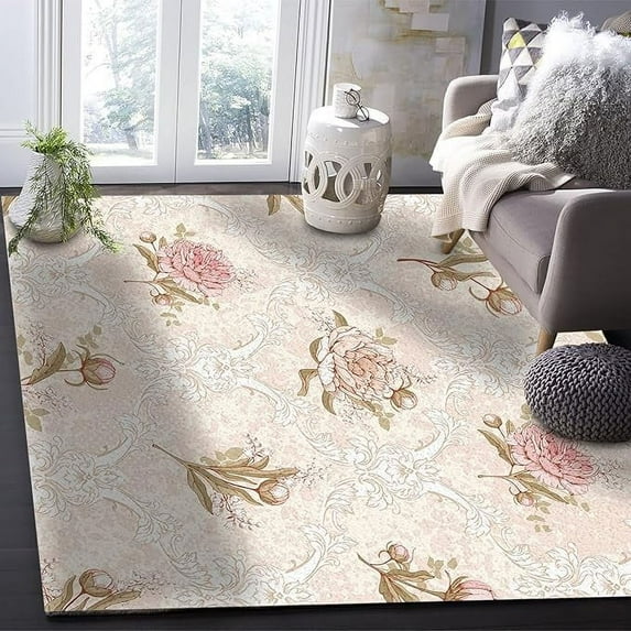 Pink Khaki Floral Area Rug For Living Room Bedroom, Vintage Spring Flower Soft Washable Carpet, Indoor Decorative Rug With Non-Slip Backing 5 x 8ft