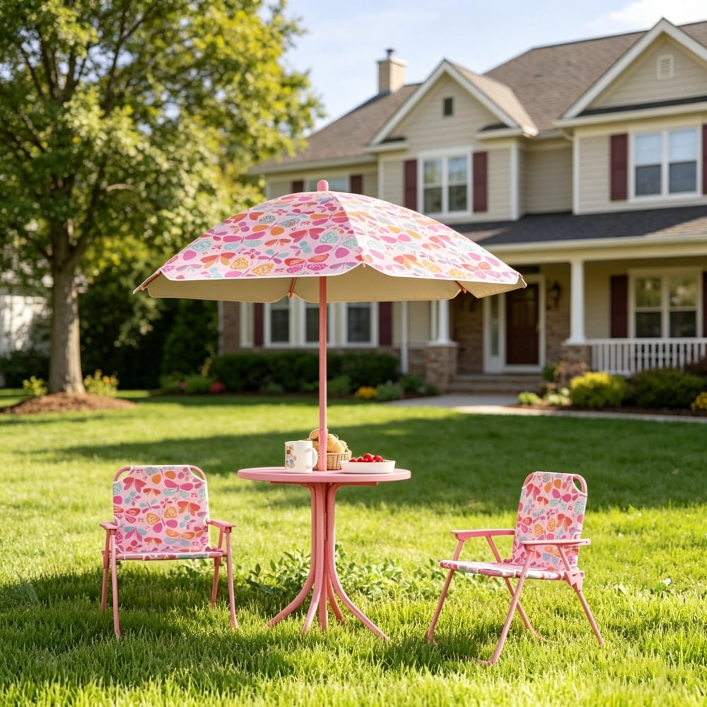 Pink Kids 4-Piece Outdoor Set (Table + 2 Chairs + Umbrella) - Butterfly Design, Foldable & Safe for 2-5 Years Old