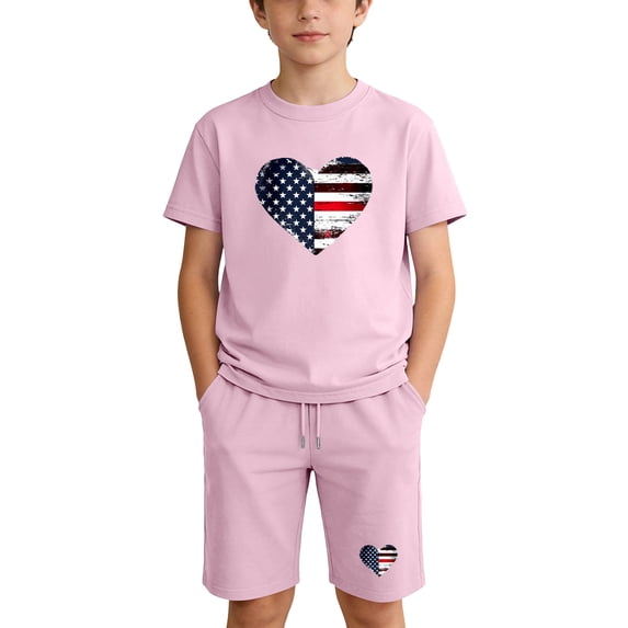Pink Kids 4th of July Outfit Patriotic American Flag Heart T-Shirt & Shorts Set,Size 11 T
