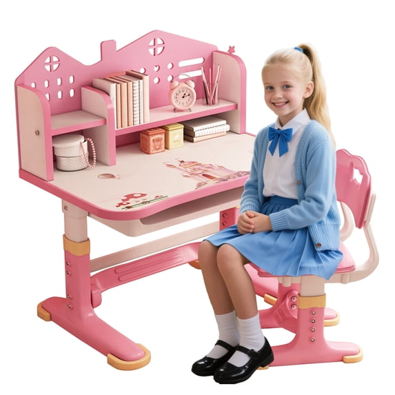 WETLA Pink Kids Adjustable Study Desk Set with Storage - Wide Desktop, Fun Cartoon Patterns for School Children, Multiple Styles