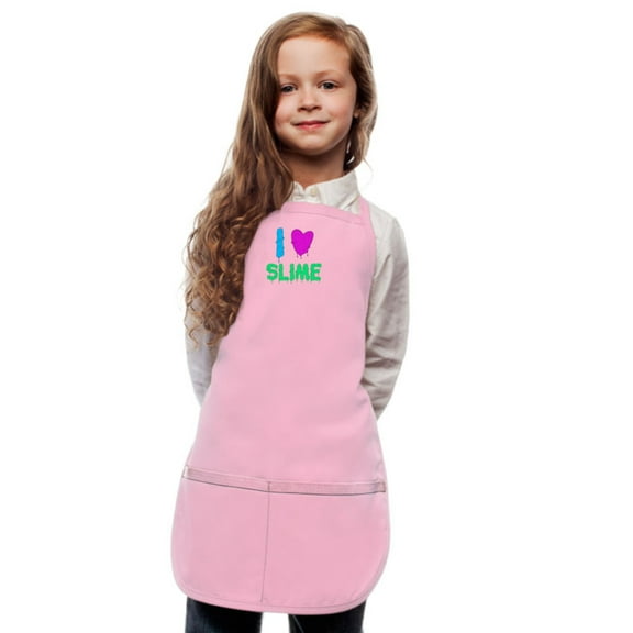 Pink Kids Art Smock Apron with I Love Slime Design by My Little Doc XL