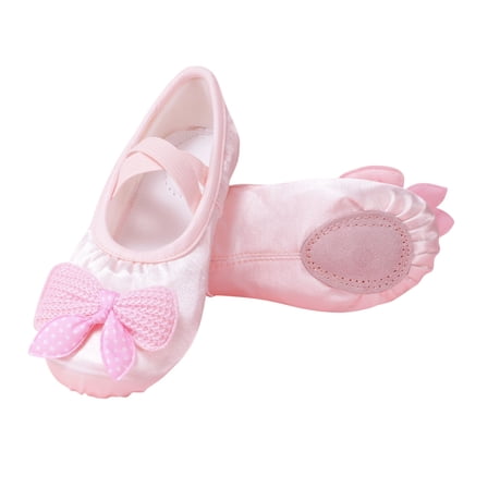 Pink Kids Bow Dance Shoes With Soft Sole And No Tie Elastic Strap For Dance Practice And Ballet Made Of 35 Cotton 65 Polyester Blend For Age 2 To 2.5 Years