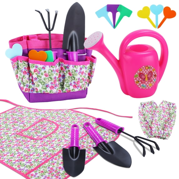 JoyStone 16PCS Kids Gardening Tool Set with Floral Apron & Tote Bag, Watering Can, Gloves, Shovel & Rake, Outdoor Yard Gift for Toddlers Ages 3+