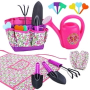 JoyStone 16PCS Kids Gardening Tool Set with Floral Apron & Tote Bag, Watering Can, Gloves, Shovel & Rake, Outdoor Yard Gift for Toddlers Ages 3+