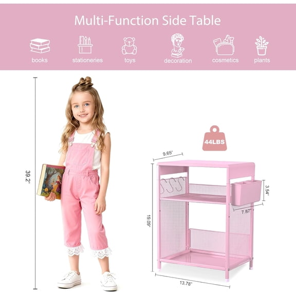 Pink Kids Nightstand, 3-Tier Small Side Table for Small Spaces, Narrow End Table with Adjustable Storage Shelf, Girls Bedside Table for Toddler in Nursery, Living Room Sofa, Bedroom, Office