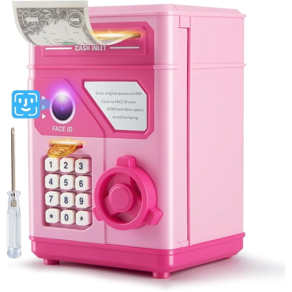 Pink Kids Piggy Bank for Girls, Money Savings Bank with Password & Face ID Simulation, Mini ATM Safe Coin Bank with Auto Bill Slot, Christmas Birthday Gift for Age 6 7 8 9 10
