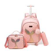 Pink Kids Rolling Backpacks for Girls Roller Backpack with Wheels Lunch Bag Pencil Case Wheeled School Bag for 8-10 Mermaid
