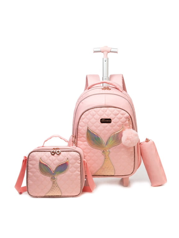 Pink Kids Rolling Backpacks for Girls Roller Backpack with Wheels Lunch Bag Pencil Case Wheeled School Bag for 8-10 Mermaid