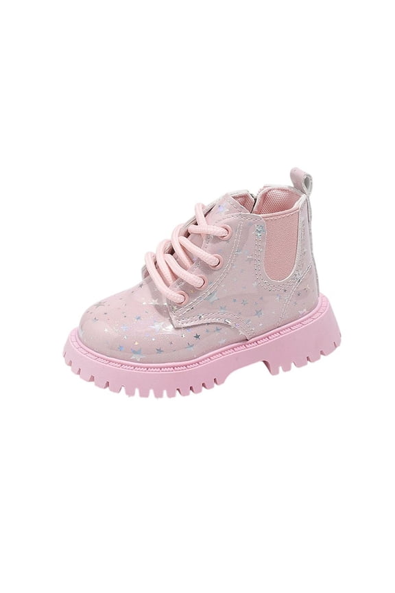 Pink Kids' All Season Boots With Shiny Patent Leather Star Print, Front Lace-Up Ankle Design, British Short Tube Style, Supportive And Fashionable For Daily Use