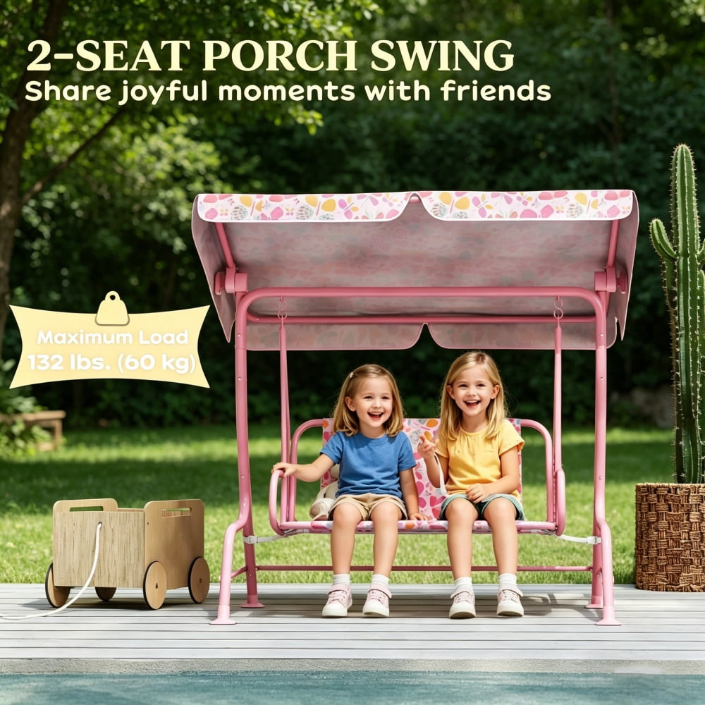Pink Kids Swing Chair with Adjustable Canopy & Safety Seat Belts, Metal Frame, Non-Skid Feet, Butterfly Pattern for 3-6 Years Old (Poolside/Patio/Backyard)