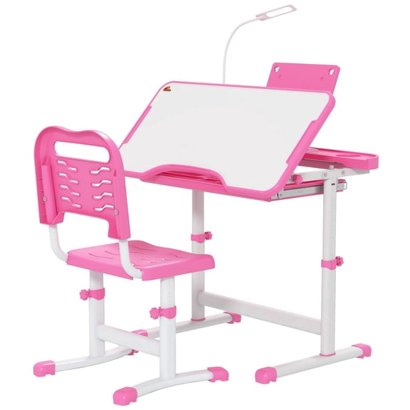 Pink Kids Table and Chair Set with USB Light and Storage Drawer