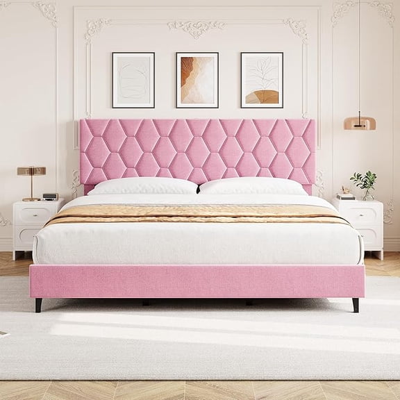 Pink King Bed Frame with Upholstered Headboard, Heavy-Duty Platform Bed Frame with Strong Wood Slats, No Box Spring Needed/Noise Free/Easy Assembly