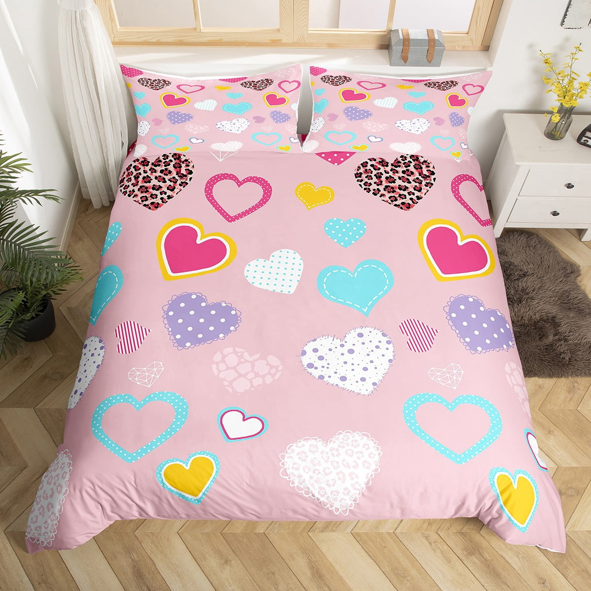Pink King Bedding Set for Girls, Cute Love Hearts Duvet Cover for Kids
