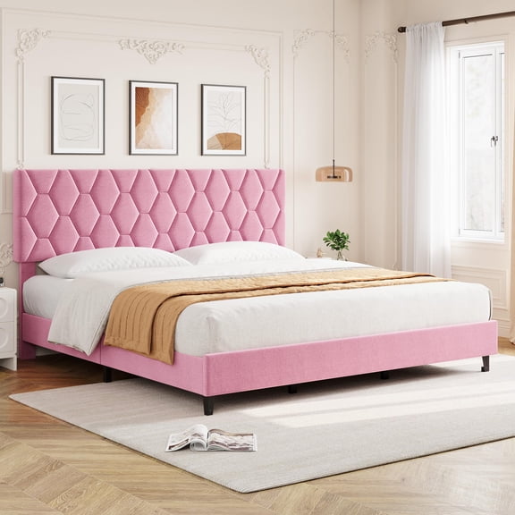 Pink King Size Upholstered Bed Frame with Headboard - Heavy Duty Platform Bed with Sturdy Wood Slat Support, No Box Spring Needed, Noise Free & Tool-Free Assembly