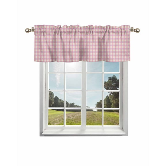 Pink Kitchen Curtain Valances for Windows Farmhouse Short Curtains, Grid Checkered Plaid Gingham Lattice Trellis Rod Pocket Valance Curtain for Bedroom Cafe Living Room 60"x18"