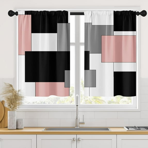Pink Kitchen Curtains 36 Inch Length Dark Grey White Window Curtains Over Sink Set of 2, Modern Short Tier Curtain for Kitchen, Abstract Geometric Art Small Kitchen Decor 26x36 Inch