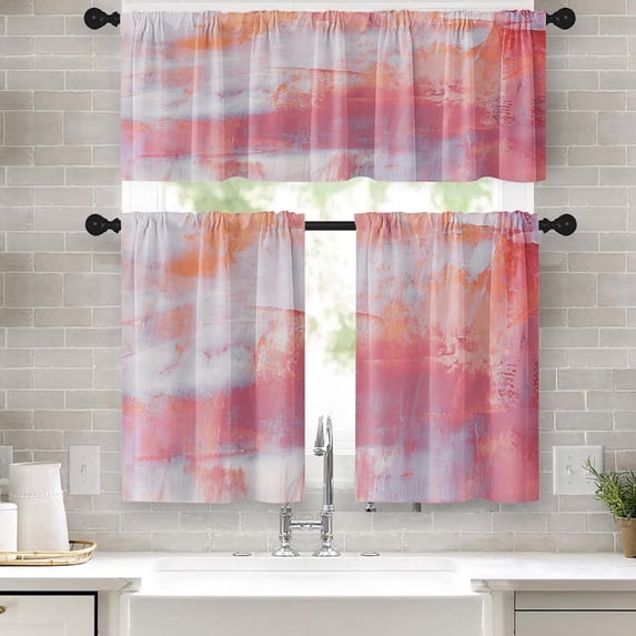 Pink Kitchen Curtains Abstract Oil Painting Window Curtains Valance and Tier Set 36 Inch, Contemporary Neutral Modern Rod Pocket Short Tier Curtain, Vintage Small Curtains for Kitchen Decor