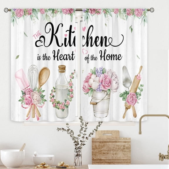 The Kitchen is the Heart of the Home Kitchen Curtains 2 Panels, Pink Floral Kitchen Utensil Window Drapes, Farmhouse Rose Decor for Kitchen