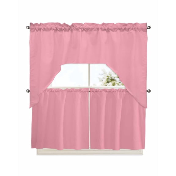 Pink Kitchen Curtains Swag Valance and Tier Curtains Set 24 Inch Length, Pure Pink Rod Pocket Drape Panels Pair Swag Curtains for Bathroom/Cafe/Window