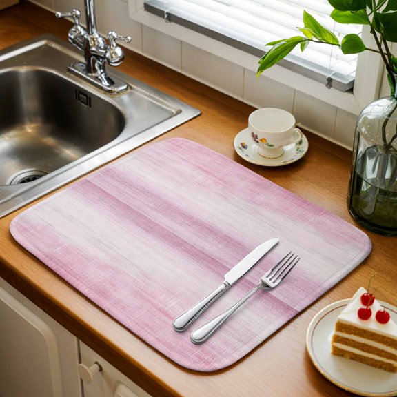 Pink Kitchen Drying Mat 1 Pack, Abstract Light Pink Ombre Linen Texture Modern Rustic Classic Absorbent Dish Drying Mat Drying Pad Drainer for Kitchen Counter Sink 16 X 18 Inch, Machine Washable