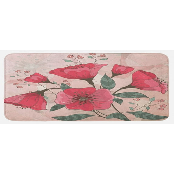Pink Kitchen Mat, Hand Drawn Style Watercolored Effect Flowers Vintage Retro Print, Plush Decorative Kitchen Mat with Non Slip Backing, 47" X 19", Pale Pink Hot Pink, by Ambesonne