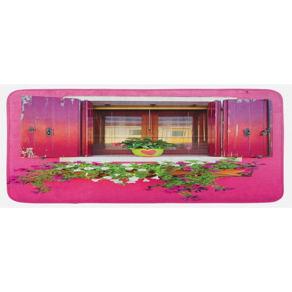 Pink Kitchen Mat, Outdoor View of Painted Vintage Window with Flowers in Pots Picture Print, Plush Decorative Kitchen Mat with Non Slip Backing, 47" X 19", Pink and Multicolor, by Ambesonne