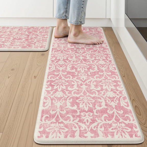 Pink Kitchen Mat Sets of 2, Vintage Distressed Anti Fatigue Memory Foam Kitchen Floor Mat for Laundry,Non Slip Cushioned Standing Mat for Home, Office, Desk,Sink(17''x29''+17''x47'')