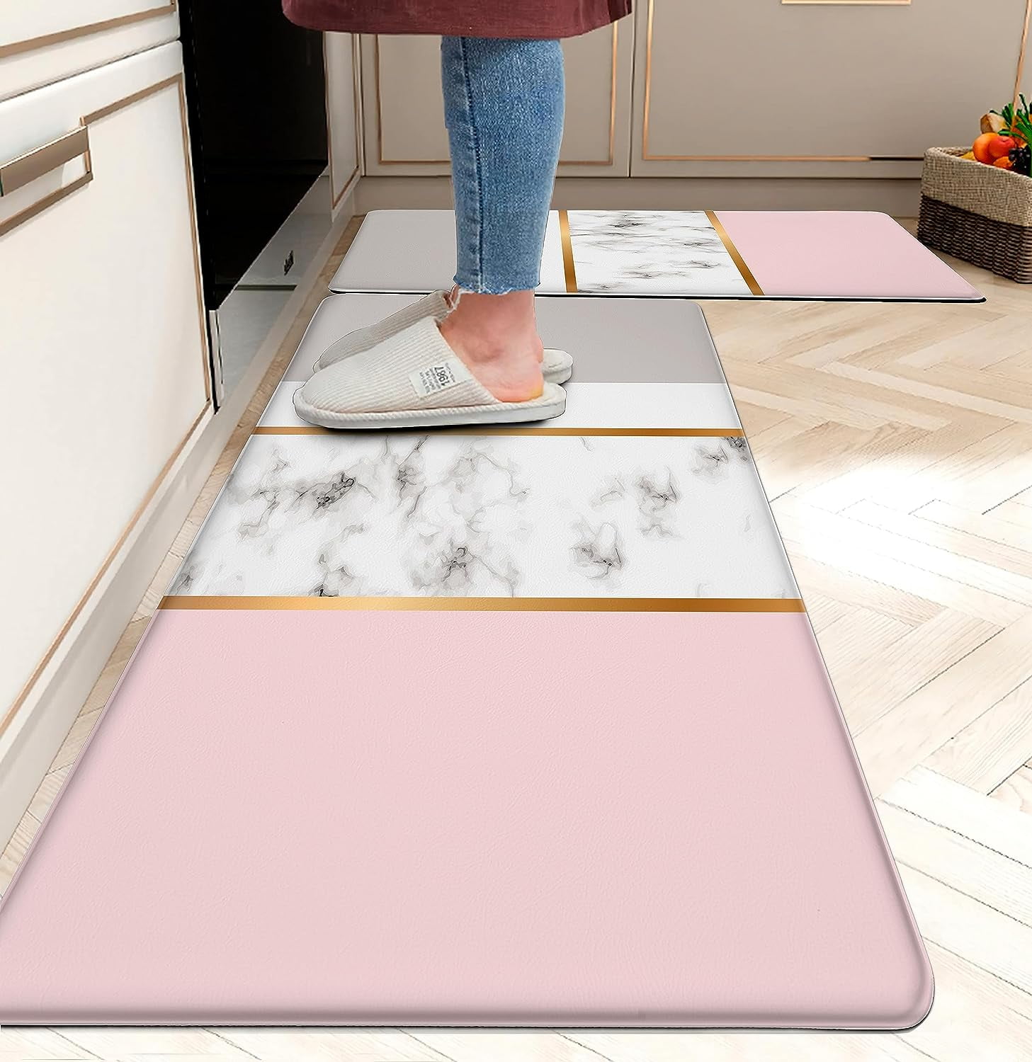 Pink Kitchen Rug Set of 2, AntiFatigue Marble Kitchen Mat, NonSlip