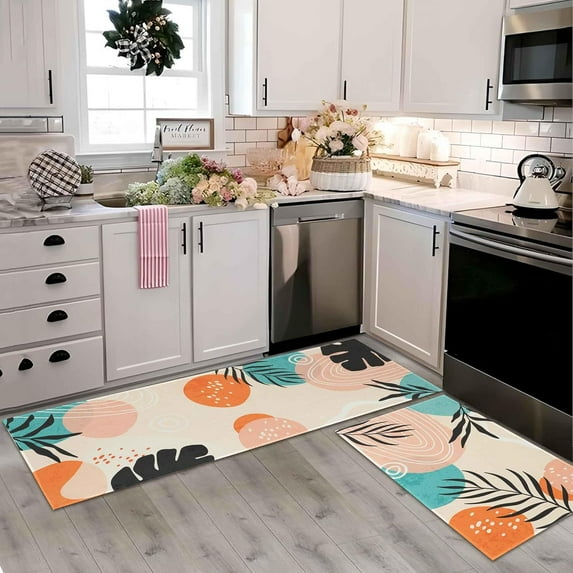 Pink Kitchen Rugs and Mats Set of 2, Non Slip Backing Boho Kitchen Rug Mid Century Modern Decor Seasonal Farmhouse Abstract Tropical Leaves Bohemian Low-Profile Kitchen Floor Mat 17"X47"+17"X30"