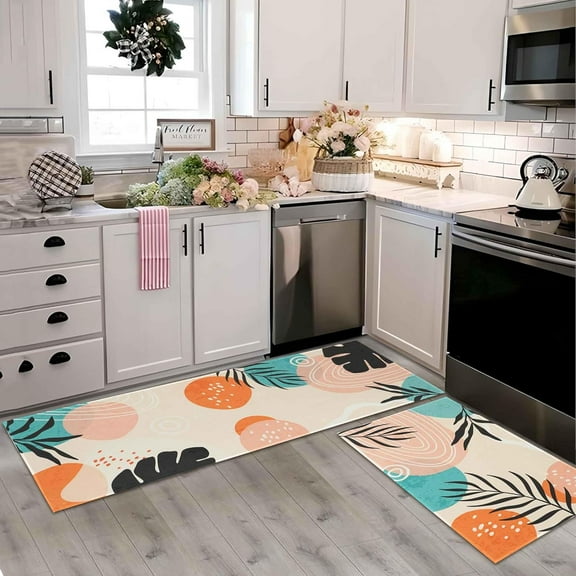 Pink Kitchen Rugs and Mats Set of 2, Non Slip Backing Boho Kitchen Rug Mid Century Modern Decor Seasonal Farmhouse Abstract Tropical Leaves Bohemian Low-Profile Kitchen Floor Mat 17"X47"+17"X30"