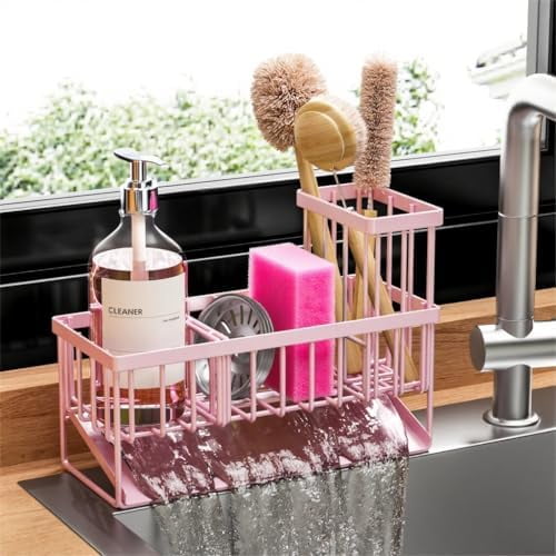 Pink Kitchen Sink Caddy Organzier with High Brush Holder, Sponge Holder for Sink, 304 Rustproof Stainless, Kitchen Countertop Soap Dispenser Organizer