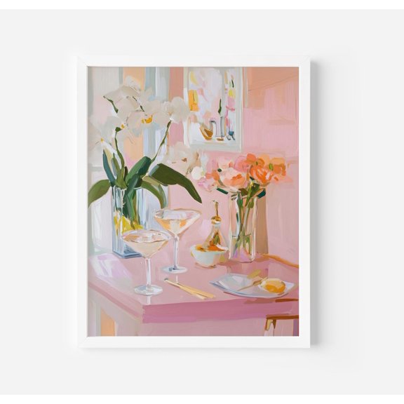 Pink Kitchen Table Art Poster Cocktails & Flowers , Eclectic Colourful Prints, Stretched Canvas Size 8x12 F03.1.19l1168