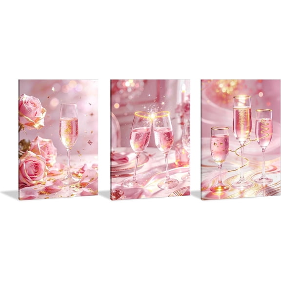 Pink Kitchen Wall Decor Set of 3, Champagne Wine Glass Canvas Wall Art, Modern Feminine Dining Room Pictures, Ready to Hang Decorative Prints, 12x16 Inch