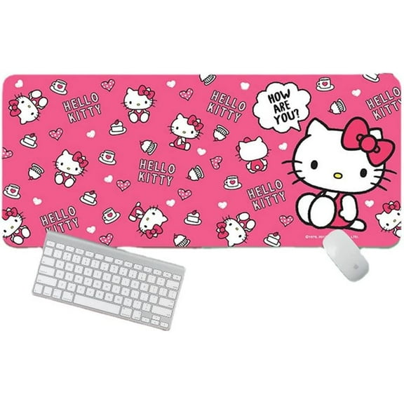 Pink Kitty Gaming Mouse Pad Kitty Mouse Mat with Stitched Non-Slip Rubber Base Table Decorations Mat for Fans (KT Cat7, 31.5 * 11.81in)