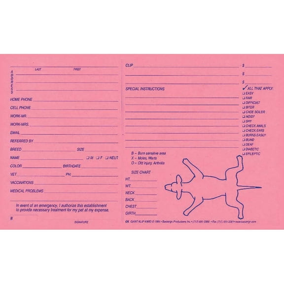 Pink Klip Kards Dog Grooming Kennel Card Diagram Info Checklist 5 x 8 100 Ct (100 Pack)