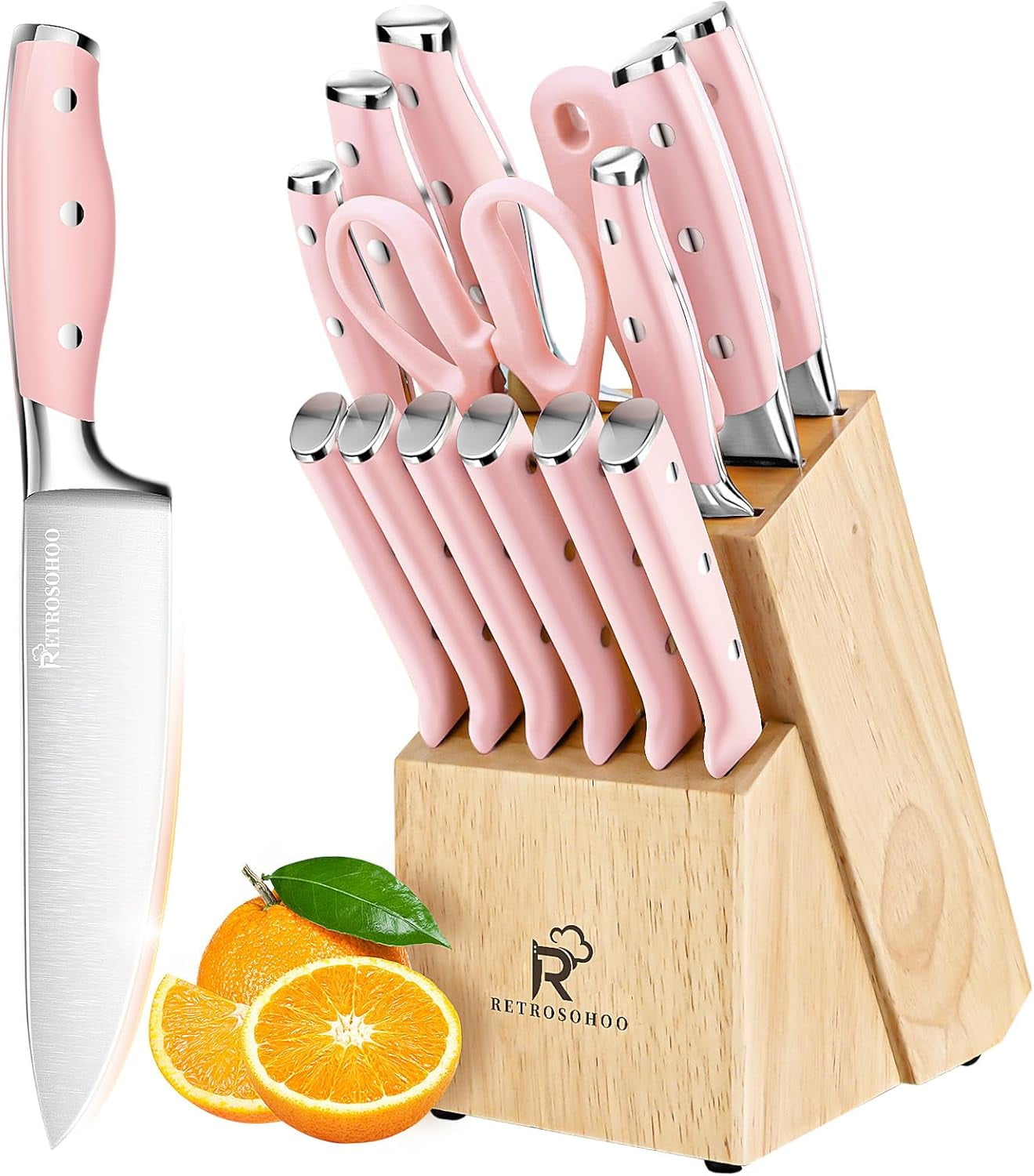 Pink Knife Set,15 Pieces Professional Kitchen Knife Set with Universal Knife Block, Super Sharp Knife Set with Ergonomic Handle Non-stick Stainless Steel Knife Block Set (Pink-15 Pieces)