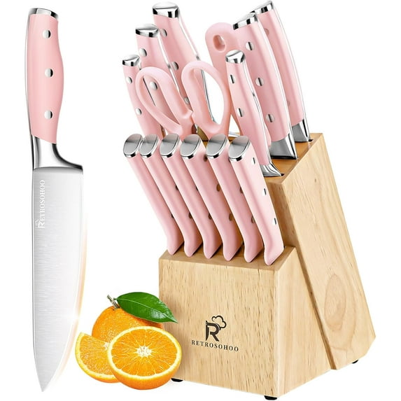 Pink Knife Set,15 Pieces Professional Kitchen Knife Set with Universal Knife Block, Super Sharp Knife Set with Ergonomic Handle Non-stick Stainless Steel Knife Block Set (Pink-15 Pieces)