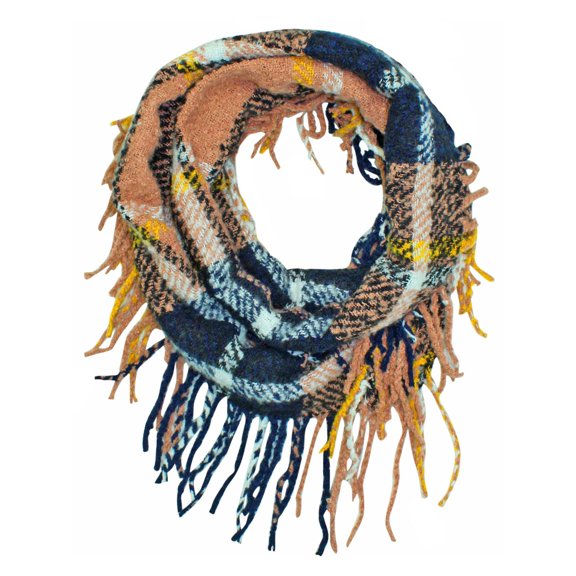 Pink Knit Plaid Infinity Scarf With Fringe Finish