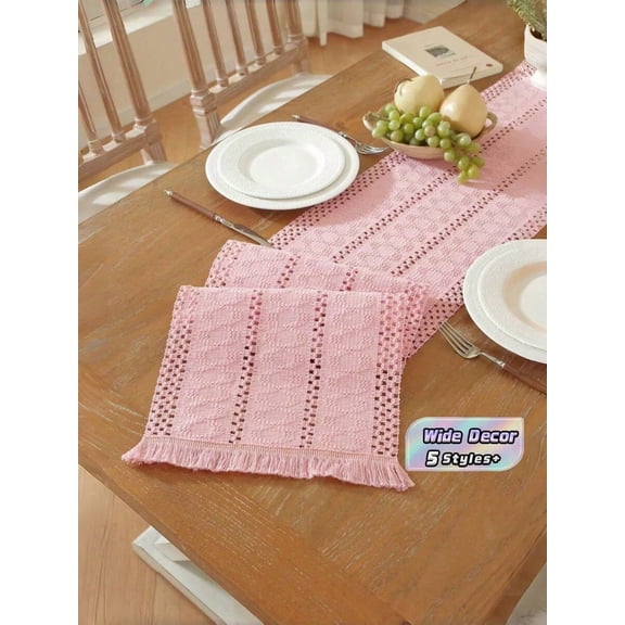 Pink Knit Table Runner With Fringe, 71x12 Inch Bohemian Farmhouse Decor