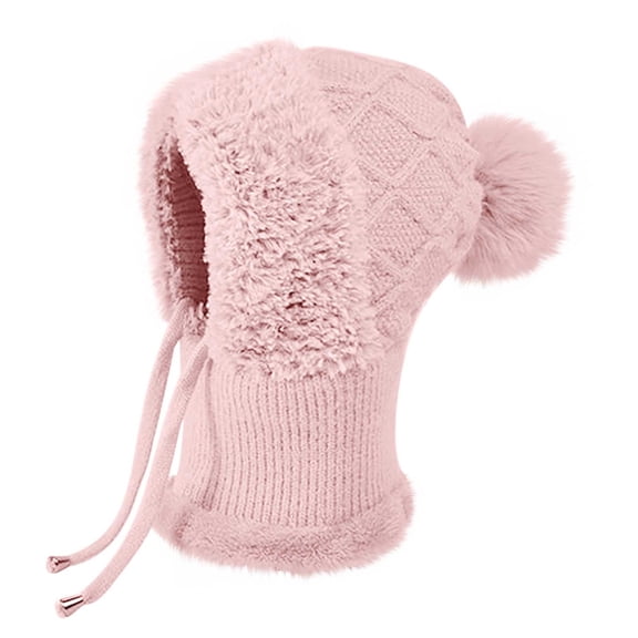 Pink Knitted Hat Scarf Mask Set For Women, Winter Warm 3-In-1 Fleece Lined Beanie With Neck Warmer And Face Cover For Skiing, Hiking, And Outdoor Activities