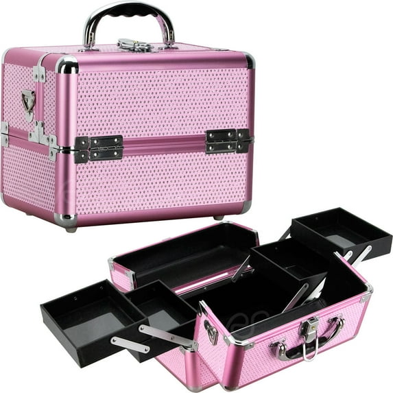 Pink Krystal 4-Tiers Expandable Trays Cosmetic Makeup Train Case Organizer Travel - VK004