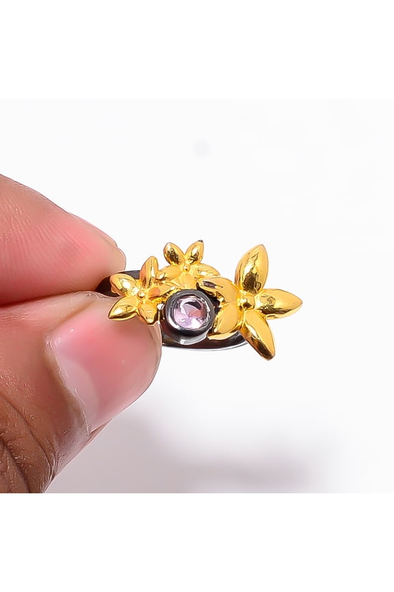 Pink Kunzite Black And Gold Plated 925 Sterling Silver Ring S.6 R87435, Christmas Gift