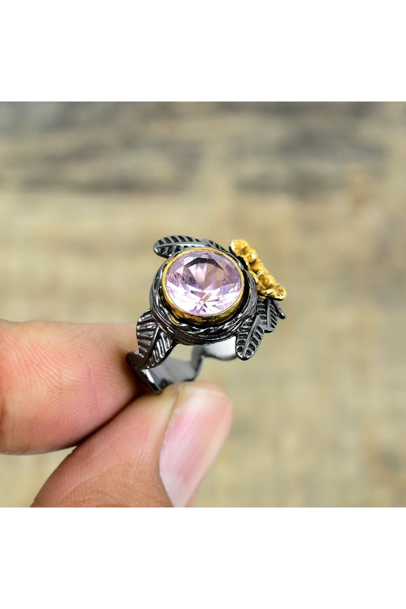 Pink Kunzite Black And Gold Plated 925 Sterling Silver Ring S.8 R8731, Christmas Gift