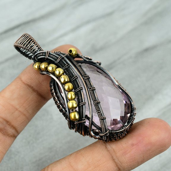 Pink Kunzite Copper Pendant Copper Wire Wrapped Pendant Kunzite Gemstone Copper Jewelry Handmade Pendant Gift For Mother Copper Wire Jewelry