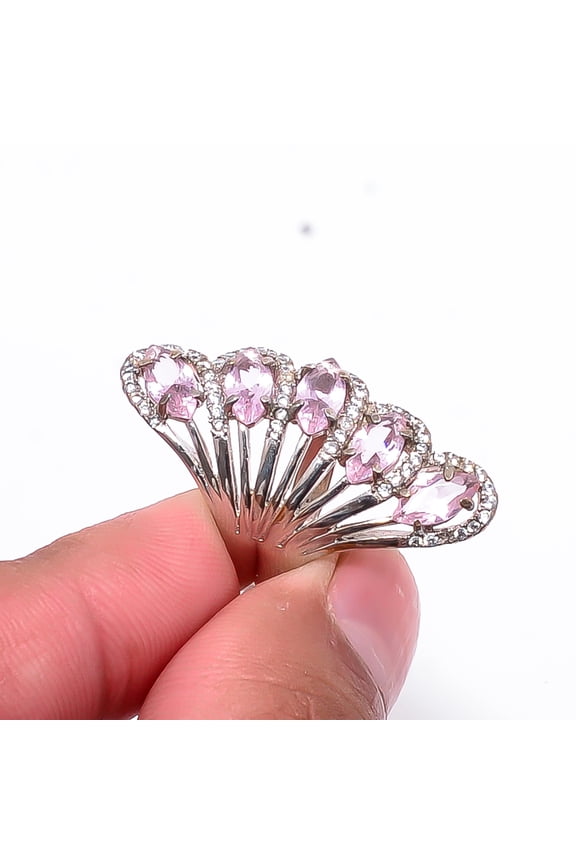 Pink Kunzite & Cubic Zirconia 925 Sterling Silver Platinum Plated Ring S.7 R29