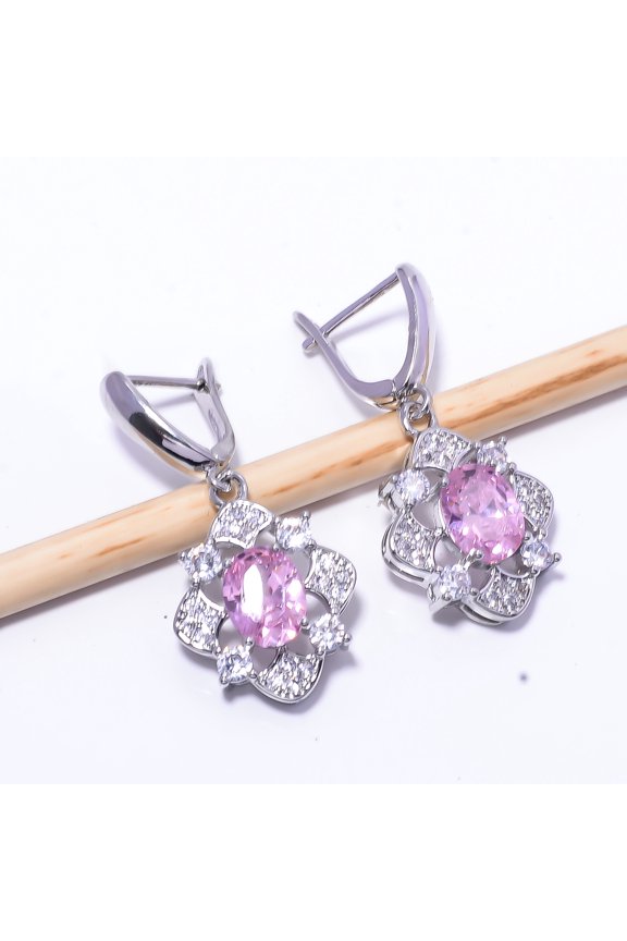 Pink Kunzite & Cubic Zirconia Gemstone 925 Sterling Silver Earring 1.64" E3 , New Year Gift, New Year Sale, Valentin's Day Gift